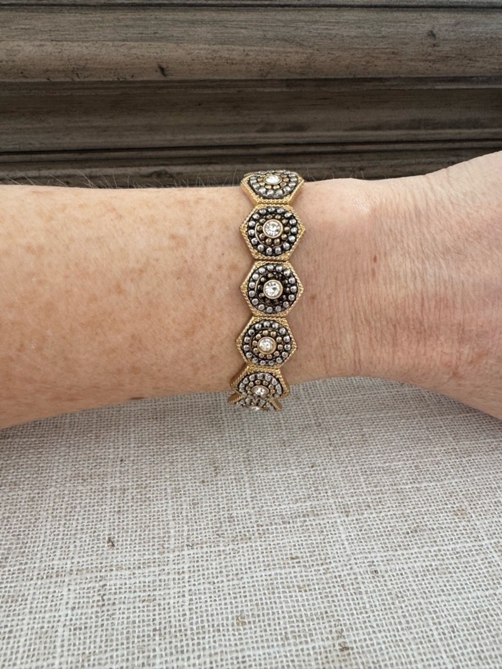 Gold Beaded Bracelet Crystal Hexagon Stretch Bracelet One Size Like New